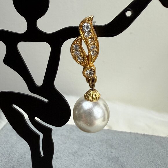 Gold Tone Faux Pearl & Rhinestone Pierced Earrings - Picture 3 of 8